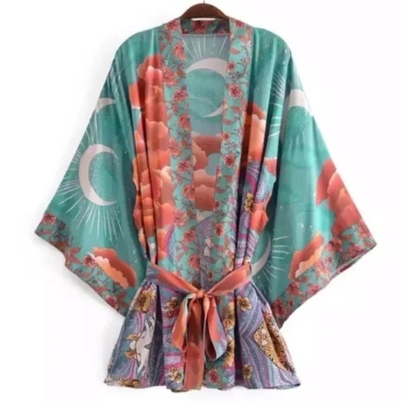 Green Cosmic Galaxy Moon Boho Short Kimono Coverup Robe - Picture 2 of 11